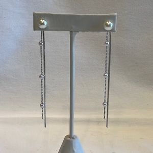 Silver Tone Faux Pearl Dangle Earrings